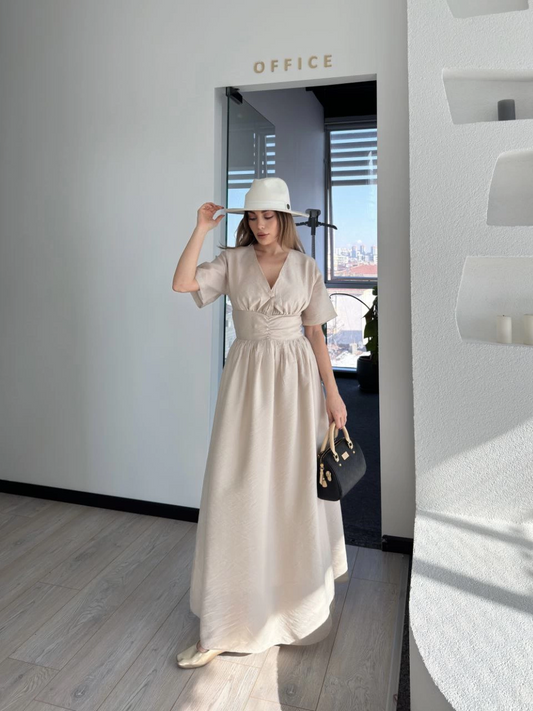 Luviroli Kısa Kollu Uzun Elbise - Kırık Beyaz