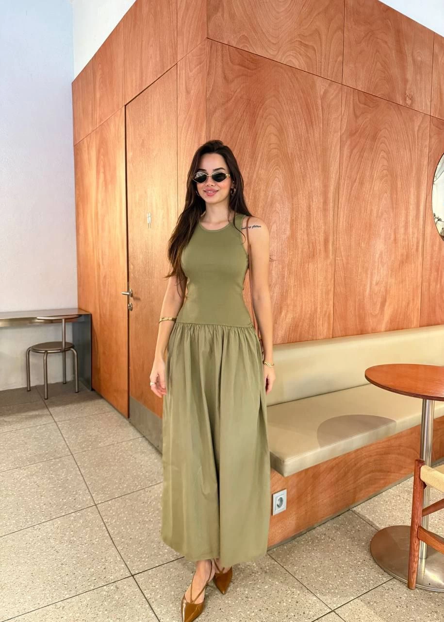 Luviroli Kolsuz Uzun Elbise - Haki