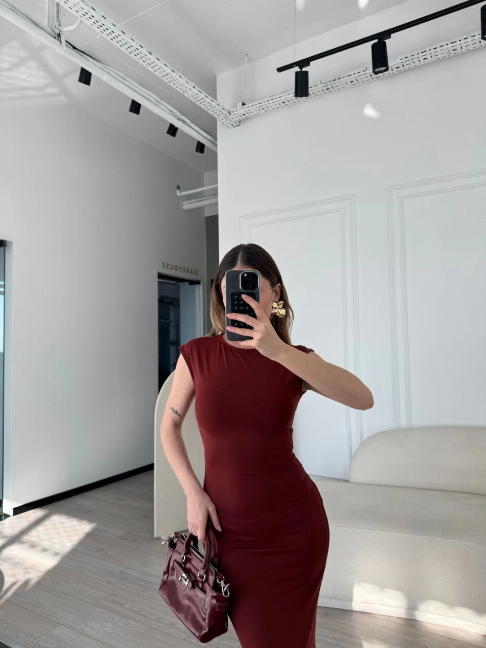 Luviroli Kolsuz Uzun Likralı Elbise - Bordo