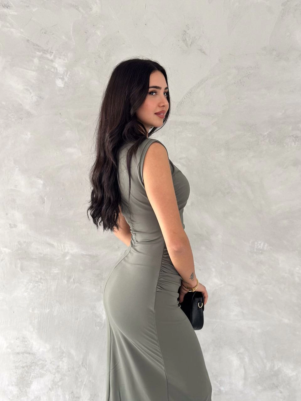 Luviroli Kolsuz Yırtmaçlı Uzun maxı boy Elbise - Yeşil