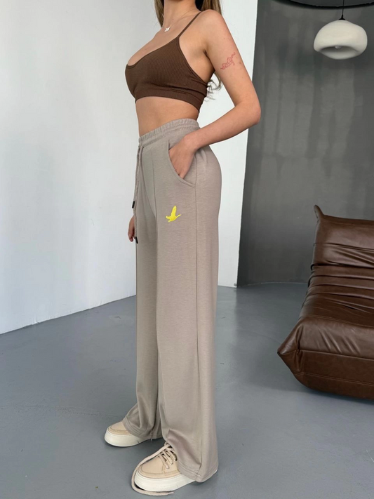 Luviroli Osy Modal Yumuşak Dokulu Kumaş Nakış işlemeli Rahat Bol Paça Eşofman Pantalon - Bej