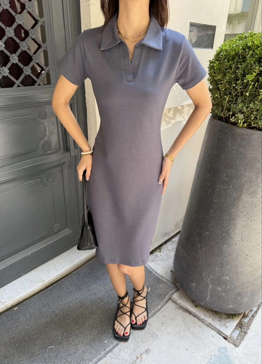 Luviroli Osy Modal Yumuşak Dokulu Kumaş Yakalı Kısa Kollu Elbise - Füme