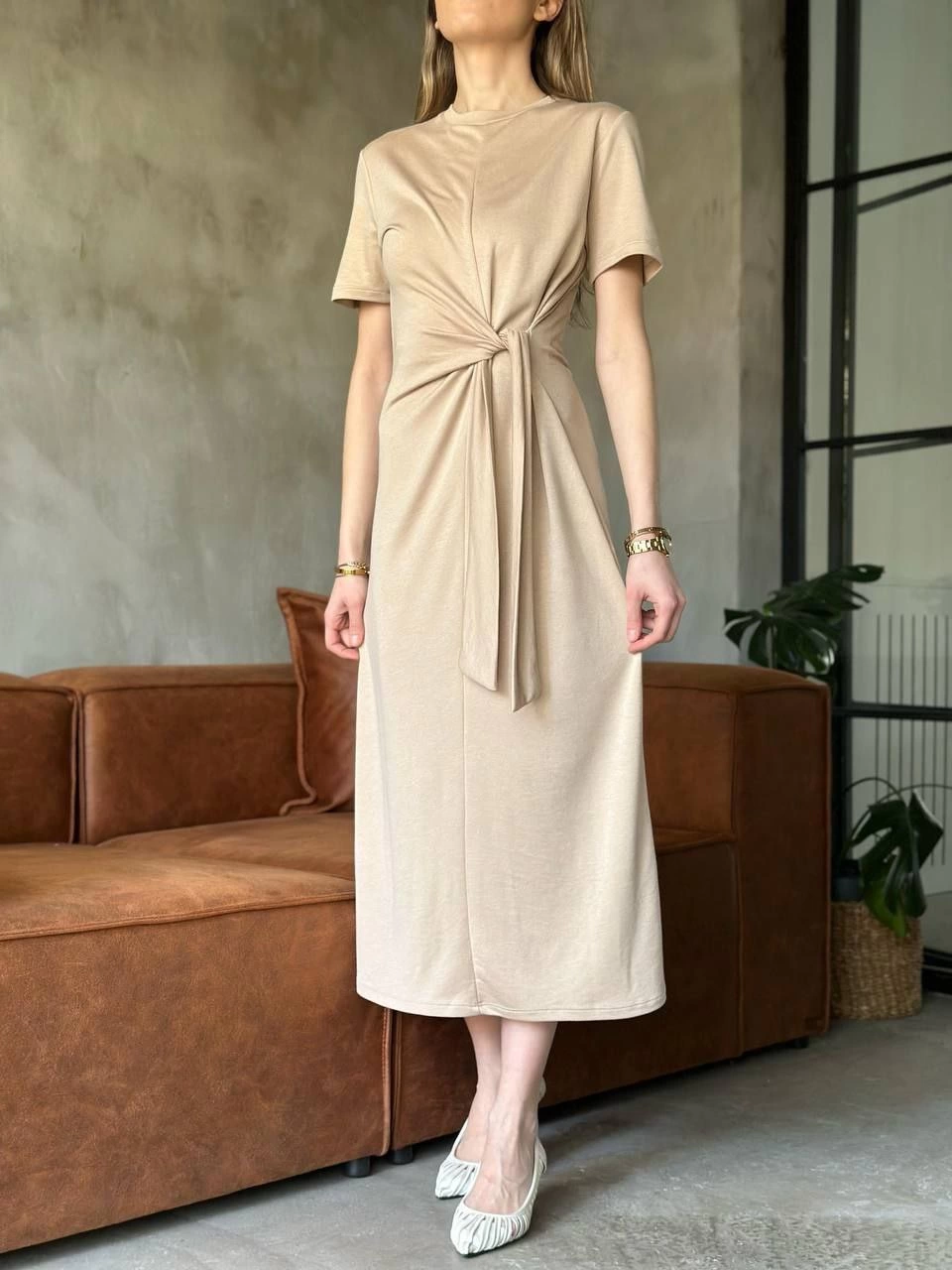 Luviroli Osy Modal Yumuşak Dokulu Kumaş Yandan Bağlamalı Elbise - Bej