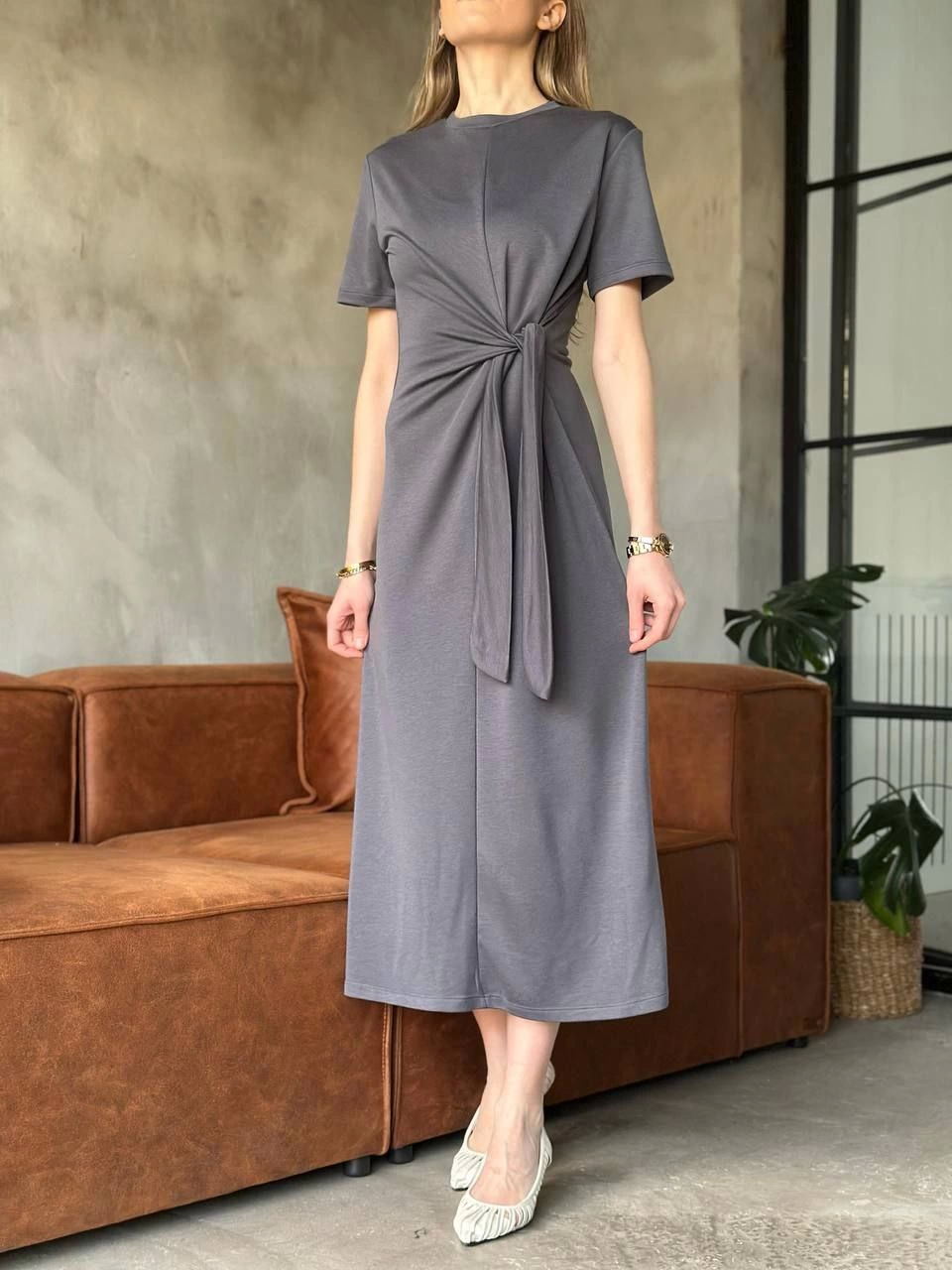 Luviroli Osy Modal Yumuşak Dokulu Kumaş Yandan Bağlamalı Elbise - Gri