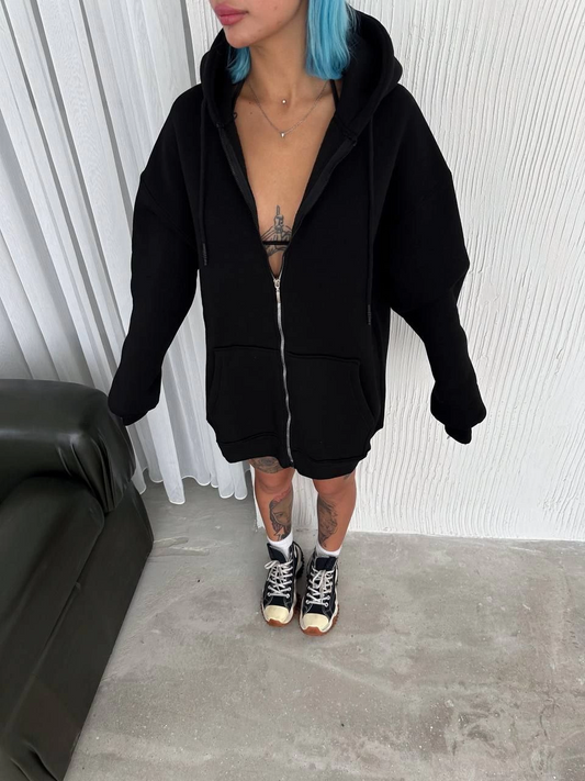 Luviroli Oversize Tam Fermuarlı Uzun Kol Hırka - Siyah