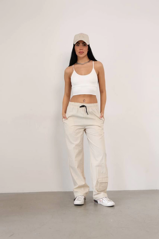 Luviroli Paraşüt Kumaş Kargo Ceplı Baggy Eşofman- Bej