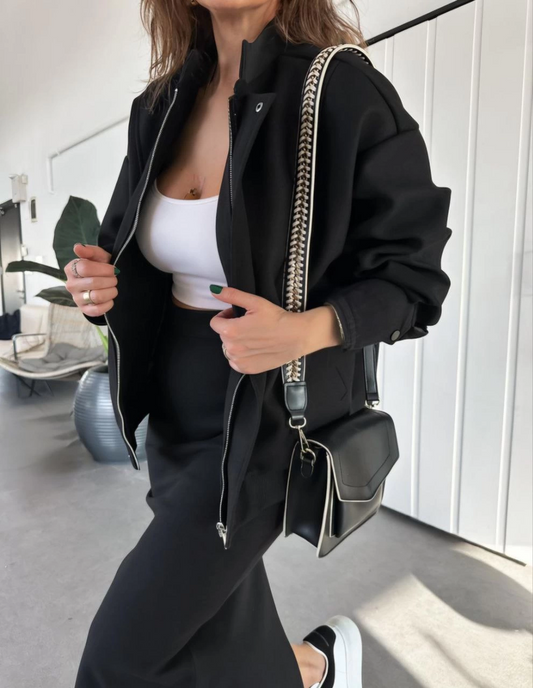 Luviroli RYSE Kadın Mevsim Kaşe Fermuarlı Ceket Etek Takım Kaşmir Ceket Etekli  İkili Takım Kaşe Bomber Ceket-Etek Takım