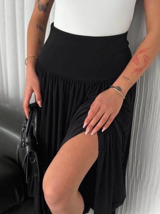 Luviroli Sandy Uzun Beli Lastikli Yüksel Bel Etek Yazlık - Siyah