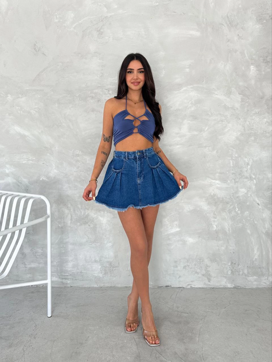 Luviroli Şık Pileli Yazlık Mini Etekli Kot- Saks Mavisi