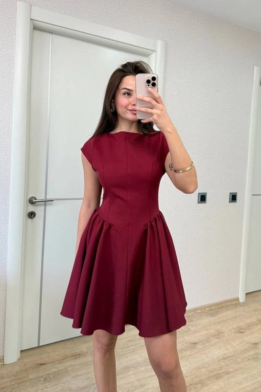 Luviroli Sırt dekolteli Çan Detaylı Mini Elbise - Bordo