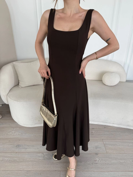 Luviroli Sırt Dekolteli Kolsuz Uzun Elbise - Kahverengi