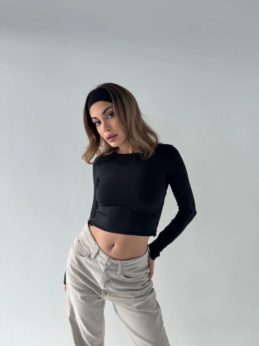 Luviroli Sırt Dekoltelı Uzun Kollu Crop - Siyah