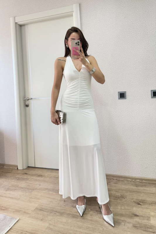 Luviroli Sırt dekolteli Uzun Elbise - Beyaz