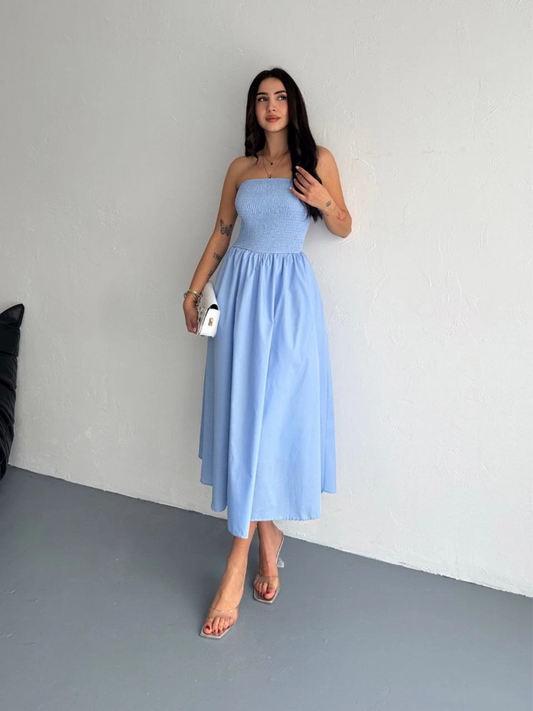 Luviroli Straplez Pileli Elbise - Açık Mavi