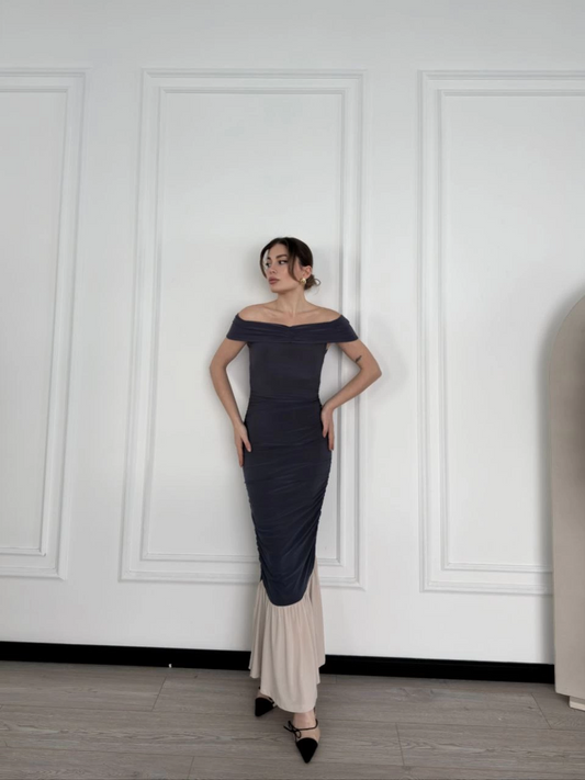 Luviroli Striptiz Omuzlu Uzun Elbise- Füme