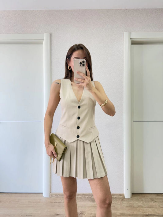 Luviroli Keten Takım Görünümlü Düğme Detaylı Yelekli Mini Elbise - Bej