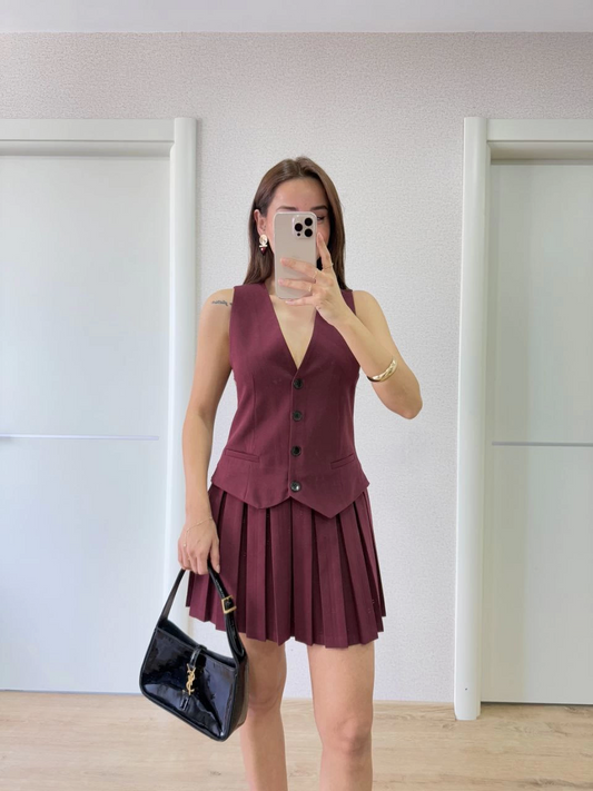 Luviroli Keten Takım Görünümlü Düğme Detaylı Yelekli Mini Elbise - Bordo