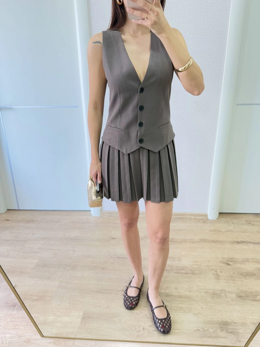 Luviroli Keten Takım Görünümlü Düğme Detaylı Yelekli Mini Elbise - Füme