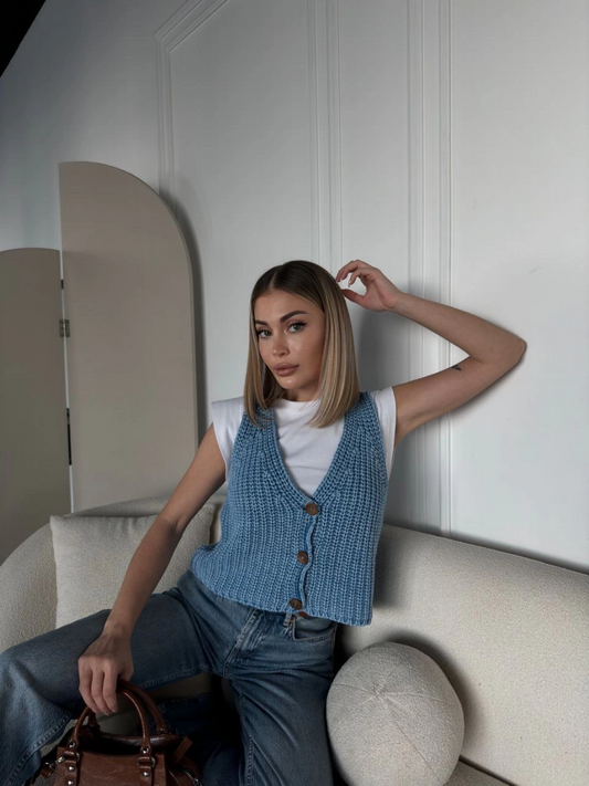 Luviroli Triko Kolsuz Düğmeli Yelek - Mavi