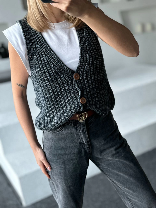 Luviroli Triko Kolsuz Düğmeli Yelek - Siyah