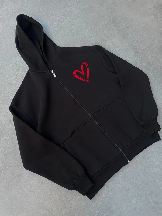 Luviroli Üç İplik Baskılı Fermuarlı Kapüşonlu Hırka - Siyah