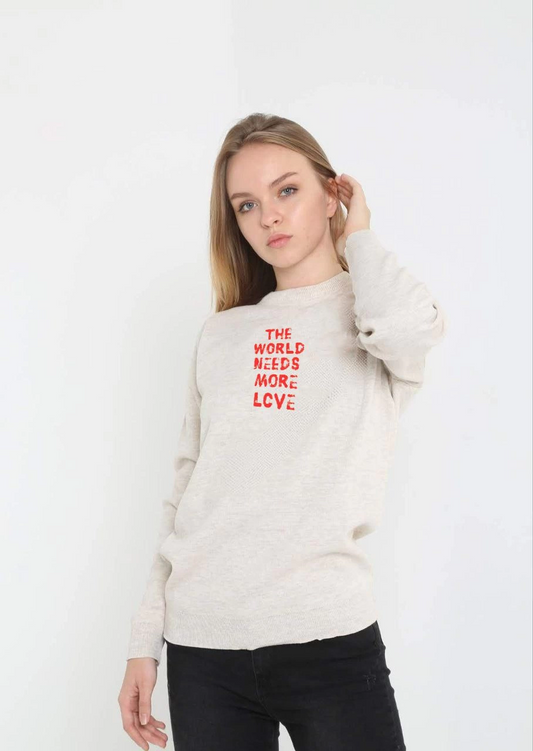 Luviroli Unisex Bisiklet Yaka Baskılı Dokuma Triko - Bej