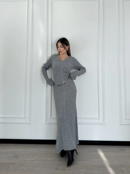 Luviroli V Yaka Fitilli Uzun Elbise- Gri