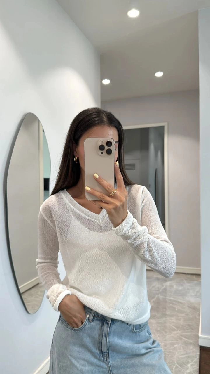 Luviroli V Yaka uzun Kollu Triko ince Bluz - Beyaz