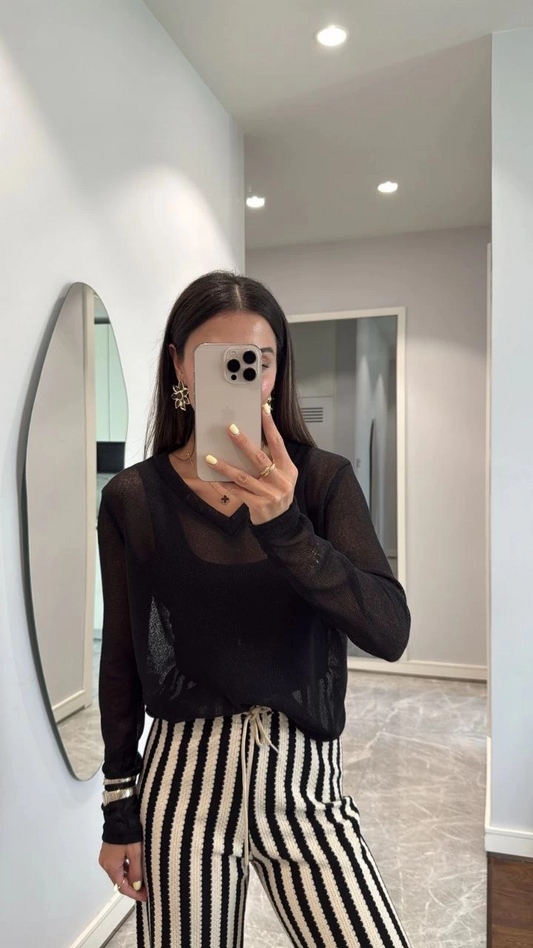 Luviroli V Yaka uzun Kollu Triko ince Bluz - Siyah