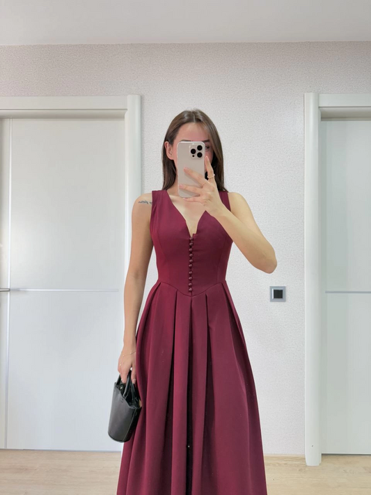Luviroli V yaka Krep Arka Ön Pens Detaylı Uzun Kolsuz Elbise - Bordo