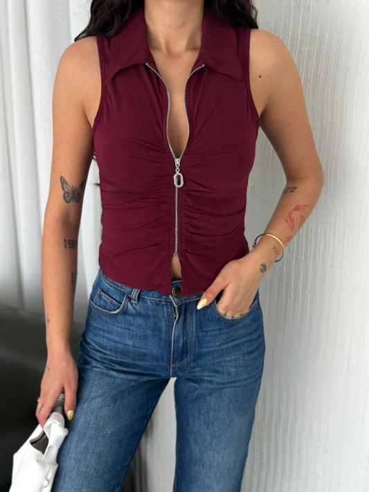 Luviroli Yakalı Tam Fermuarlı Kolsuz Bluz - Bordo