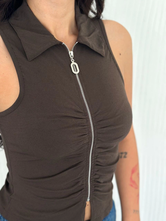 Luviroli Yakalı Tam Fermuarlı Kolsuz Bluz - Kahverengi